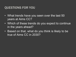 QUESTIONS FOR YOU 
• What trends have you seen over the last 50 
years at Aims CC? 
• Which of these trends do you expect to continue 
in the years ahead? 
• Based on that, what do you think is likely to be 
true of Aims CC in 2030? 
 