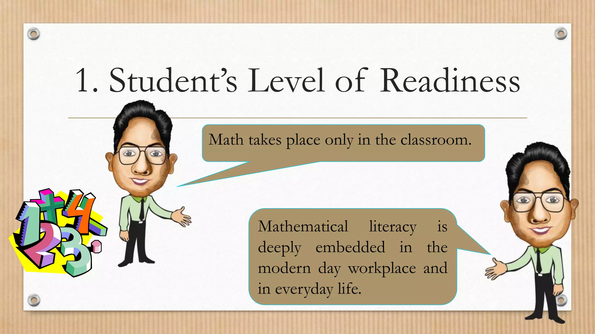1. Student’s Level of Readiness
Math takes place only in the classroom.
Mathematical literacy is
deeply embedded in the
modern day workplace and
in everyday life.
 