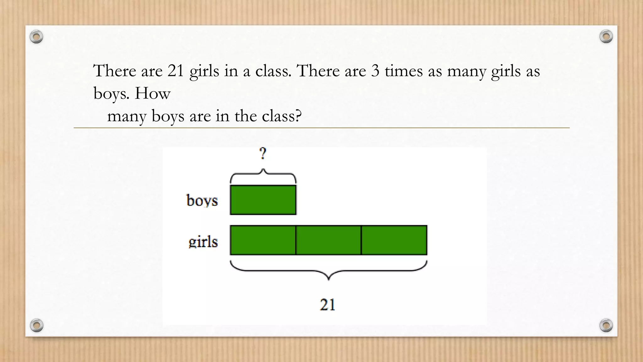 There are 21 girls in a class. There are 3 times as many girls as
boys. How
many boys are in the class?
 