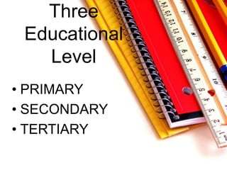 Three
Educational
Level
• PRIMARY
• SECONDARY
• TERTIARY
 