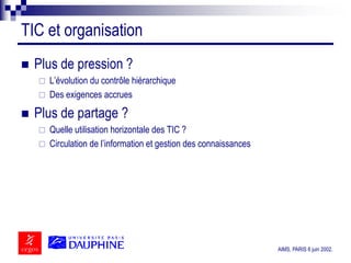 AIMS, PARIS 6 juin 2002.
TIC et organisation
 Plus de pression ?
 L’évolution du contrôle hiérarchique
 Des exigences a...