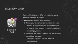SELENIUM GRID
Selenium
Grid
• Runs multiple tests on different machines using
different browsers in parallel
• Two reasons to opt for Selenium Grid:
1. To run your cross-browser compatibility tests
against multiple browsers, multiple versions
of browser, and browsers running on different
operating systems.
2. To reduce the time it takes for the test suite to
complete a test pass
One same test case for 100 different
environments
 