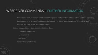 WEBDRIVER COMMANDS – FURTHER INFORMATION
WebElement From = driver.findElement(By.xpath(".//*[@id='userChecklists']/li[1]/a/span"));
WebElement To = driver.findElement(By.xpath(".//*[@id='userChecklists']/li[4]/a/span"));
Actions builder = new Actions(driver);
Action dragAndDrop = builder.clickAndHold(From)
.moveToElement(To)
.release(To)
.build();
dragAndDrop.perform();
 