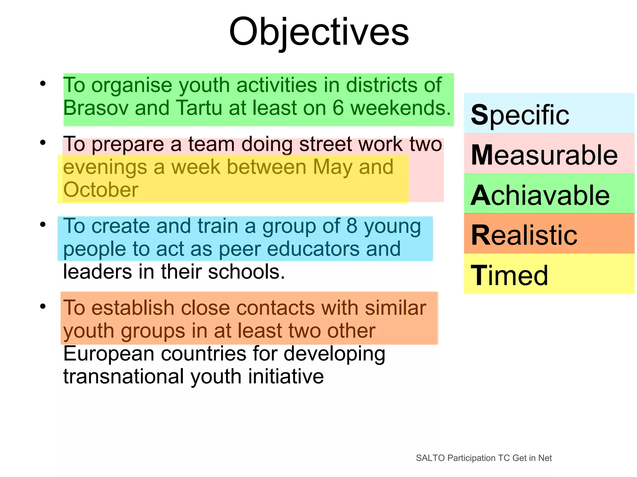 • To organise youth activities in districts of
Brasov and Tartu at least on 6 weekends.
• To prepare a team doing street work two
evenings a week between May and
October
• To create and train a group of 8 young
people to act as peer educators and
leaders in their schools.
• To establish close contacts with similar
youth groups in at least two other
European countries for developing
transnational youth initiative
SALTO Participation TC Get in Net
Objectives
Specific
Measurable
Achiavable
Realistic
Timed
 