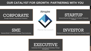 CORPORATEStrategy I Business Development I Transition
OUR CATALYST FOR GROWTH: PARTNERING WITH YOU
STARTUPIndustry/Business Mentoring I Go To Market I Corporate
Connect
SMEBusiness Model I Commercial Strategy I Team Leadership
INVESTORBusiness Scouting I Partnership Opportunity I Industry Insights
EXECUTIVELeadership Growth I Coaching & Consulting I Change
Management
 