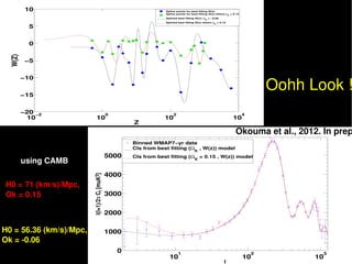 Oohh Look !

                                                 Okouma et al., 2012. In prep
                         Okouma et al., 2011. In prep

    using CAMB

H0 = 71 (km/s)/Mpc,
Ok = 0.15



H0 = 56.36 (km/s)/Mpc,
Ok = ­0.06                    AIMS 2012                               27
 