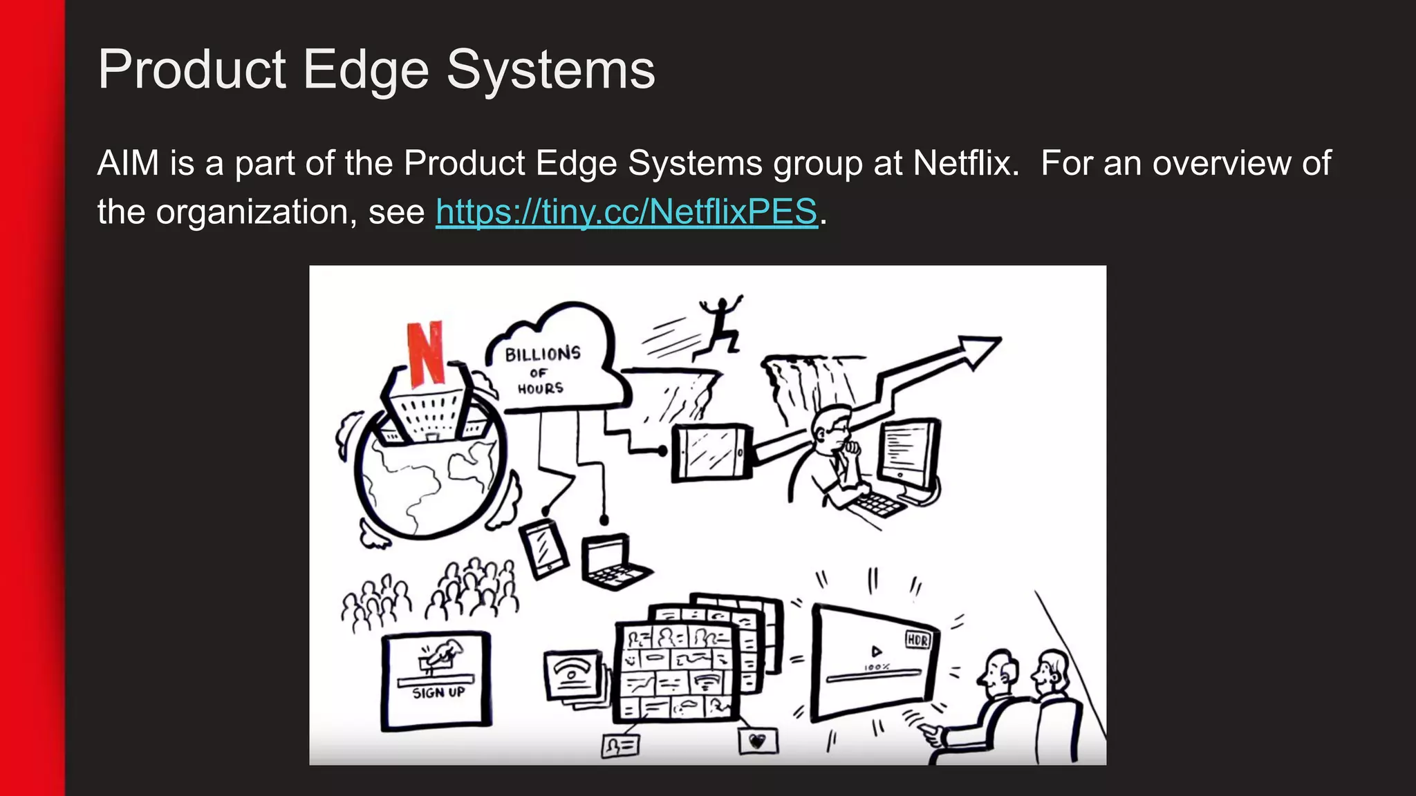 Product Edge Systems
AIM is a part of the Product Edge Systems group at Netflix. For an overview of
the organization, see https://tiny.cc/NetflixPES.
 