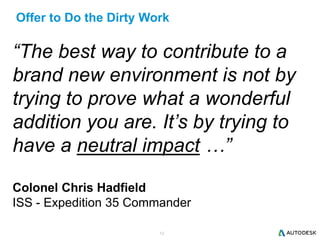 12
Offer to Do the Dirty Work
“The best way to contribute to a
brand new environment is not by
trying to prove what a wonderful
addition you are. It’s by trying to
have a neutral impact …”
Colonel Chris Hadfield
ISS - Expedition 35 Commander
 