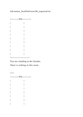 Adventure_Scaffold/tests/00_expected.txt
+---------NN---------+
| |
| |
| |
| |
| |
| |
| |
| |
| |
+--------------------+
You are standing at the Garden.
There is nothing in this room.
>>>
+---------NN---------+
| |
| |
| |
| |
| |
| |
| |
 