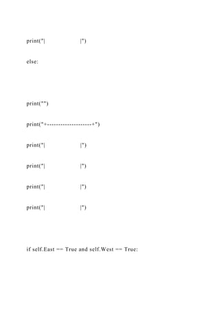 print("| |")
else:
print("")
print("+--------------------+")
print("| |")
print("| |")
print("| |")
print("| |")
if self.East == True and self.West == True:
 