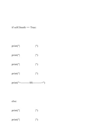 if self.South == True:
print("| |")
print("| |")
print("| |")
print("| |")
print("+---------SS---------+")
else:
print("| |")
print("| |")
 