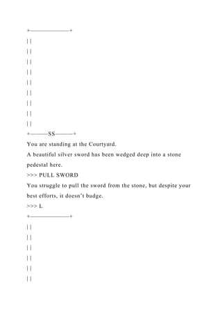 +——————–+
| |
| |
| |
| |
| |
| |
| |
| |
| |
+———SS———+
You are standing at the Courtyard.
A beautiful silver sword has been wedged deep into a stone
pedestal here.
>>> PULL SWORD
You struggle to pull the sword from the stone, but despite your
best efforts, it doesn’t budge.
>>> L
+——————–+
| |
| |
| |
| |
| |
| |
 