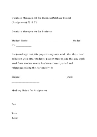 Database Management for BusinessDatabase Project
(Assignment) 2019 T1
Database Management for Business
Student Name: _______________________________ Student
ID: ___________
I acknowledge that this project is my own work, that there is no
collusion with other students, past or present, and that any work
used from another source has been correctly cited and
referenced (using the Harvard style).
Signed: _________________________________Date:
____________________
Marking Guide for Assignment
Part
Task
Total
 