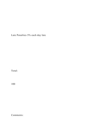 Late Penalties 5% each day late
Total:
100
Comments:
 