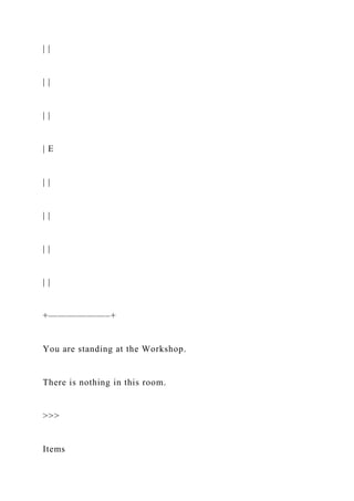 | |
| |
| |
| E
| |
| |
| |
| |
+——————–+
You are standing at the Workshop.
There is nothing in this room.
>>>
Items
 