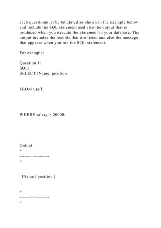 each questionmust be tabulated as shown in the example below
and include the SQL statement and also the output that is
produced when you execute the statement in your database. The
output includes the records that are listed and also the message
that appears when you run the SQL statement.
For example:
Question 1:
SQL:
SELECT lName, position
FROM Staff
WHERE salary > 20000;
Output:
+
-------+----------
+
| lName | position |
+
-------+----------
+
 