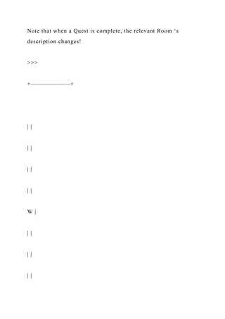 Note that when a Quest is complete, the relevant Room ‘s
description changes!
>>>
+——————–+
| |
| |
| |
| |
W |
| |
| |
| |
 