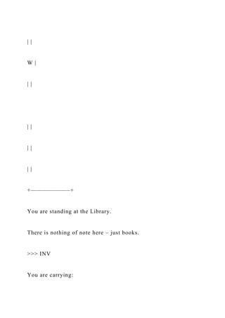| |
W |
| |
| |
| |
| |
+——————–+
You are standing at the Library.
There is nothing of note here – just books.
>>> INV
You are carrying:
 