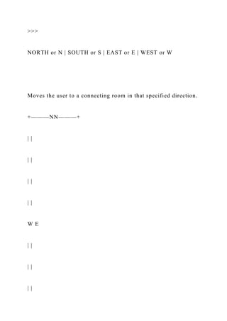 >>>
NORTH or N | SOUTH or S | EAST or E | WEST or W
Moves the user to a connecting room in that specified direction.
+———NN———+
| |
| |
| |
| |
W E
| |
| |
| |
 