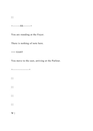| |
+———SS———+
You are standing at the Foyer.
There is nothing of note here.
>>> EAST
You move to the east, arriving at the Parlour.
+——————–+
| |
| |
| |
| |
W |
 