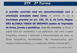 STF  2ª Turma  O acórdão recorrido está em desconformidade com a orientação sumulada desta Corte ,   no sentido de que   a  imunidade prevista no art. 150, VI, d, da Carta Magna, NÃO ALCANÇA TODOS OS INSUMOS usados na impressão de livros, jornais e periódicos ,   mas tão somente  os filmes e papéis tidos por necessários à sua publicação, tais como o papel fotográfico, inclusive o destinado a fotocomposição por laser, os filmes fotográficos, sensibilizados, não impressionados, para imagens monocromáticas, e o papel para telefoto (súmula 657).  AI 220503-   09 de setembro 2004 