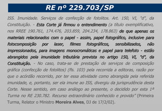 RE nº 229.703/SP ISS. Imunidade. Serviços de confecção de fotolitos. Art. 150, VI, "d", da Constituição. -  Esta Corte já firmou o entendimento  (a título exemplificativo, nos RREE 190.761, 174.476, 203.859, 204.234, 178.863)  de que apenas os materiais relacionados com o papel - assim, papel fotográfico, inclusive para fotocomposição por laser, filmes fotográficos, sensibilizados, não impressionados, para imagens monocromáticas e papel para telefoto - estão abrangidos pela imunidade tributária prevista no artigo 150, VI, "d", da Constituição.  - No caso, trata-se de prestação de serviços de composição gráfica (confecção de fotolitos) (fls. 103) pela recorrida a editoras, razão por que o acórdão recorrido, por ter essa atividade como abrangida pela referida imunidade, e, portanto, ser ela imune ao ISS, divergiu da jurisprudência desta Corte. Nesse sentido, em caso análogo ao presente, o decidido por esta 1ª Turma no RE 230.782. Recurso extraordinário conhecido e provido”  (Primeira Turma, Relator o Ministro  Moreira Alves , DJ de 17/2/02) . 