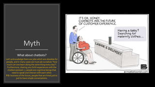 Myth
What about chatbots?
Let’s acknowledge there are jobs which are obsolete for
people, and in many cases we must ask ourselves “how
much can one learn doing the same thing every day?”.
Furthermore, sharing your birth experiences with the
chatbot assistant :), people are cognitive beings that
need to speak and interact with each other.
P.S: business of the future, people that are hired just to
just to have simple conversations.
 