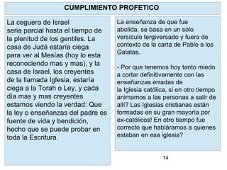 14
YHVH como pastor reconocerá a sus
ovejas y las restaurará .
Limpiará a cada una de ellas y pondrá
su Espíritu en ellas y dará un nuevo
corazón.
Para que? Para que regresen a SUS
PRECEPTOS. A la Torah. Ezequiel
36:27 "Y
pondré dentro de vosotros mi Espíritu,
y haré que andéis en mis estatutos, y
guardéis mis preceptos, y los
pongáis por obra."
CUMPLIMIENTO PROFETICO
La ceguera de Israel
seria parcial hasta el tiempo de
la plenitud de los gentiles. La
casa de Judá estaría ciega
para ver al Mesías (hoy lo esta
reconociendo mas y mas), y la
casa de Israel, los creyentes
de la llamada Iglesia, estaría
ciega a la Torah o Ley, y cada
día mas y mas creyentes
estamos viendo la verdad: Que
la ley o enseñanzas del padre es
fuente de vida y bendición,
hecho que se puede probar en
toda la Escritura.
La enseñanza de que fue
abolida, se basa en un solo
versículo tergiversado y fuera de
contexto de la carta de Pablo a los
Galatas.
- Por que tenemos hoy tanto miedo
a cortar definitivamente con las
enseñanzas erradas de
la Iglesia católica, si en otro tiempo
animamos a las personas a salir de
allí? Las Iglesias cristianas están
formadas en su gran mayoría por
ex-católicos! En otro tiempo fue
correcto que habláramos a quienes
estaban en esa iglesia?
 