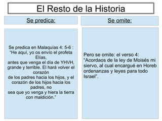 El Resto de la Historia
Pero se omite: el verso 4:
“Acordaos de la ley de Moisés mi
siervo, al cual encargué en Horeb
ordenanzas y leyes para todo
Israel”.
Se predica: Se omite:
Se predica en Malaquías 4: 5-6 :
“He aquí, yo os envío el profeta
Elías,
antes que venga el día de YHVH,
grande y terrible. El hará volver el
corazón
de los padres hacia los hijos, y el
corazón de los hijos hacia los
padres, no
sea que yo venga y hiera la tierra
con maldición.”
Se predica:
 