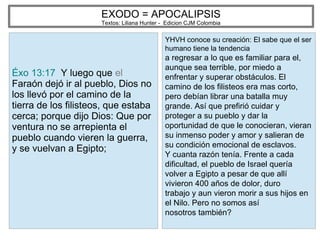 EXODO = APOCALIPSIS
Textos: Liliana Hunter - Edicion CJM Colombia
Éxo 13:17 Y luego que el
Faraón dejó ir al pueblo, Dios no
los llevó por el camino de la
tierra de los filisteos, que estaba
cerca; porque dijo Dios: Que por
ventura no se arrepienta el
pueblo cuando vieren la guerra,
y se vuelvan a Egipto;
YHVH conoce su creación: El sabe que el ser
humano tiene la tendencia
a regresar a lo que es familiar para el,
aunque sea terrible, por miedo a
enfrentar y superar obstáculos. El
camino de los filisteos era mas corto,
pero debían librar una batalla muy
grande. Así que prefirió cuidar y
proteger a su pueblo y dar la
oportunidad de que le conocieran, vieran
su inmenso poder y amor y salieran de
su condición emocional de esclavos.
Y cuanta razón tenía. Frente a cada
dificultad, el pueblo de Israel quería
volver a Egipto a pesar de que allí
vivieron 400 años de dolor, duro
trabajo y aun vieron morir a sus hijos en
el Nilo. Pero no somos así
nosotros también?
 