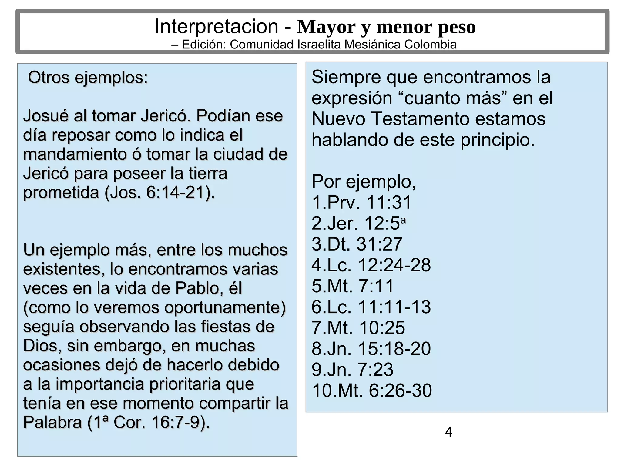 4
Interpretacion - Mayor y menor peso
– Edición: Comunidad Israelita Mesiánica Colombia
Otros ejemplos:Otros ejemplos:
Josué al tomar Jericó. Podían eseJosué al tomar Jericó. Podían ese
día reposar como lo indica eldía reposar como lo indica el
mandamiento ó tomar la ciudad demandamiento ó tomar la ciudad de
Jericó para poseer la tierraJericó para poseer la tierra
prometida (Jos. 6:14-21).prometida (Jos. 6:14-21).
Un ejemplo más, entre los muchosUn ejemplo más, entre los muchos
existentes, lo encontramos variasexistentes, lo encontramos varias
veces en la vida de Pablo, élveces en la vida de Pablo, él
(como lo veremos oportunamente)(como lo veremos oportunamente)
seguía observando las fiestas deseguía observando las fiestas de
Dios, sin embargo, en muchasDios, sin embargo, en muchas
ocasiones dejó de hacerlo debidoocasiones dejó de hacerlo debido
a la importancia prioritaria quea la importancia prioritaria que
tenía en ese momento compartir latenía en ese momento compartir la
Palabra (1ª Cor. 16:7-9).Palabra (1ª Cor. 16:7-9).
Siempre que encontramos la
expresión “cuanto más” en el
Nuevo Testamento estamos
hablando de este principio.
Por ejemplo,
1.Prv. 11:31
2.Jer. 12:5a
3.Dt. 31:27
4.Lc. 12:24-28
5.Mt. 7:11
6.Lc. 11:11-13
7.Mt. 10:25
8.Jn. 15:18-20
9.Jn. 7:23
10.Mt. 6:26-30
 
