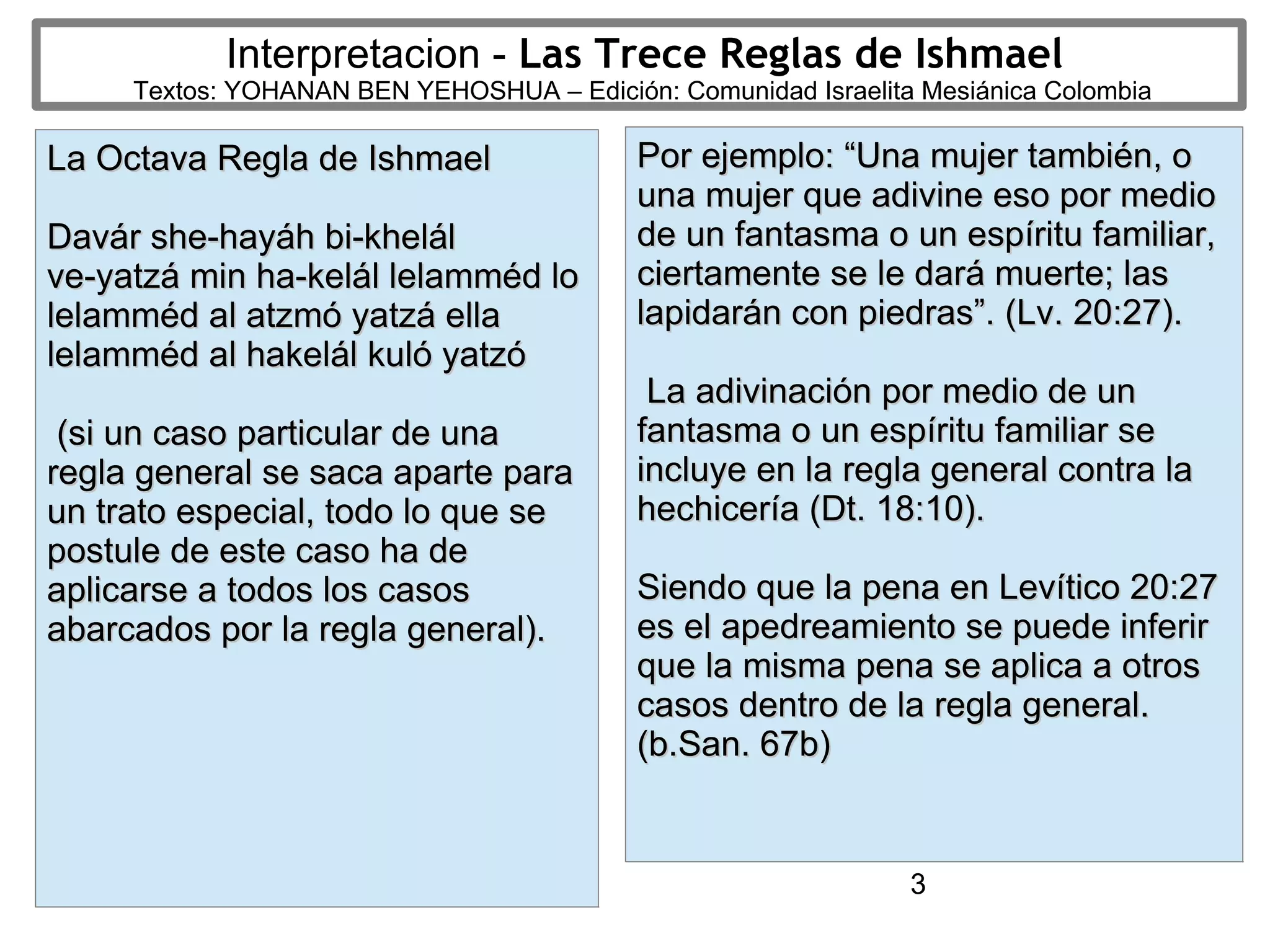 3
Interpretacion - Las Trece Reglas de Ishmael
Textos: YOHANAN BEN YEHOSHUA – Edición: Comunidad Israelita Mesiánica Colombia
La Octava Regla de IshmaelLa Octava Regla de Ishmael
Davár she-hayáh bi-khelálDavár she-hayáh bi-khelál
ve-yatzá min ha-kelál lelamméd love-yatzá min ha-kelál lelamméd lo
lelamméd al atzmó yatzá ellalelamméd al atzmó yatzá ella
lelamméd al hakelál kuló yatzólelamméd al hakelál kuló yatzó
(si un caso particular de una(si un caso particular de una
regla general se saca aparte pararegla general se saca aparte para
un trato especial, todo lo que seun trato especial, todo lo que se
postule de este caso ha depostule de este caso ha de
aplicarse a todos los casosaplicarse a todos los casos
abarcados por la regla general).abarcados por la regla general).
Por ejemplo: “Una mujer también, oPor ejemplo: “Una mujer también, o
una mujer que adivine eso por mediouna mujer que adivine eso por medio
de un fantasma o un espíritu familiar,de un fantasma o un espíritu familiar,
ciertamente se le dará muerte; lasciertamente se le dará muerte; las
lapidarán con piedras”. (Lv. 20:27).lapidarán con piedras”. (Lv. 20:27).
La adivinación por medio de unLa adivinación por medio de un
fantasma o un espíritu familiar sefantasma o un espíritu familiar se
incluye en la regla general contra laincluye en la regla general contra la
hechicería (Dt. 18:10).hechicería (Dt. 18:10).
Siendo que la pena en Levítico 20:27Siendo que la pena en Levítico 20:27
es el apedreamiento se puede inferires el apedreamiento se puede inferir
que la misma pena se aplica a otrosque la misma pena se aplica a otros
casos dentro de la regla general.casos dentro de la regla general.
(b.San. 67b)(b.San. 67b)
 