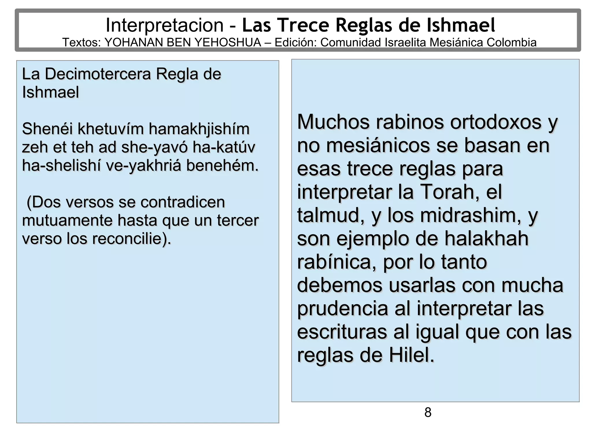 8
Interpretacion - Las Trece Reglas de Ishmael
Textos: YOHANAN BEN YEHOSHUA – Edición: Comunidad Israelita Mesiánica Colombia
La Decimotercera Regla deLa Decimotercera Regla de
IshmaelIshmael
Shenéi khetuvím hamakhjishímShenéi khetuvím hamakhjishím
zeh et teh ad she-yavó ha-katúvzeh et teh ad she-yavó ha-katúv
ha-shelishí ve-yakhriá benehém.ha-shelishí ve-yakhriá benehém.
(Dos versos se contradicen(Dos versos se contradicen
mutuamente hasta que un tercermutuamente hasta que un tercer
verso los reconcilie).verso los reconcilie).
Muchos rabinos ortodoxos yMuchos rabinos ortodoxos y
no mesiánicos se basan enno mesiánicos se basan en
esas trece reglas paraesas trece reglas para
interpretar la Torah, elinterpretar la Torah, el
talmud, y los midrashim, ytalmud, y los midrashim, y
son ejemplo de halakhahson ejemplo de halakhah
rabínica, por lo tantorabínica, por lo tanto
debemos usarlas con muchadebemos usarlas con mucha
prudencia al interpretar lasprudencia al interpretar las
escrituras al igual que con lasescrituras al igual que con las
reglas de Hilel.reglas de Hilel.
 
