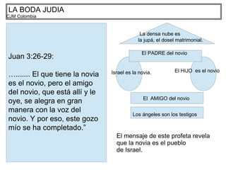 LA BODA JUDIA
CJM Colombia
Juan 3:26-29:
…....... El que tiene la novia
es el novio, pero el amigo
del novio, que está allí y le
oye, se alegra en gran
manera con la voz del
novio. Y por eso, este gozo
mío se ha completado.”
Israel es la novia. El HIJO es el novio
El PADRE del novio
El AMIGO del novio
Los ángeles son los testigos
La densa nube es
la jupá, el dosel matrimonial.
El mensaje de este profeta revela
que la novia es el pueblo
de Israel.
 