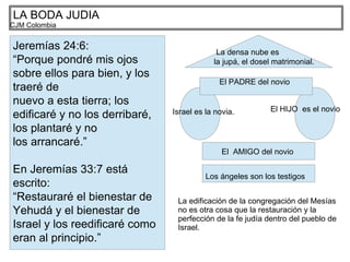LA BODA JUDIA
CJM Colombia
Jeremías 24:6:
“Porque pondré mis ojos
sobre ellos para bien, y los
traeré de
nuevo a esta tierra; los
edificaré y no los derribaré,
los plantaré y no
los arrancaré.”
En Jeremías 33:7 está
escrito:
“Restauraré el bienestar de
Yehudá y el bienestar de
Israel y los reedificaré como
eran al principio.”
Israel es la novia. El HIJO es el novio
El PADRE del novio
El AMIGO del novio
Los ángeles son los testigos
La densa nube es
la jupá, el dosel matrimonial.
La edificación de la congregación del Mesías
no es otra cosa que la restauración y la
perfección de la fe judía dentro del pueblo de
Israel.
 