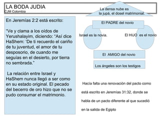 LA BODA JUDIA
CJM Colombia
En Jeremías 2:2 está escrito:
“Ve y clama a los oídos de
Yerushalayim, diciendo: “Así dice
HaShem: ‘De ti recuerdo el cariño
de tu juventud, el amor de tu
desposorio, de cuando me
seguías en el desierto, por tierra
no sembrada.”
La relación entre Israel y
HaShem nunca llegó a ser como
en su estado original. El pecado
del becerro de oro hizo que no se
pudo consumar el matrimonio.
Israel es la novia. El HIJO es el novio
El PADRE del novio
El AMIGO del novio
Los ángeles son los testigos
La densa nube es
la jupá, el dosel matrimonial.
Hacía falta una renovación del pacto como
está escrito en Jeremías 31:32, donde se
habla de un pacto diferente al que sucedió
en la salida de Egipto
 