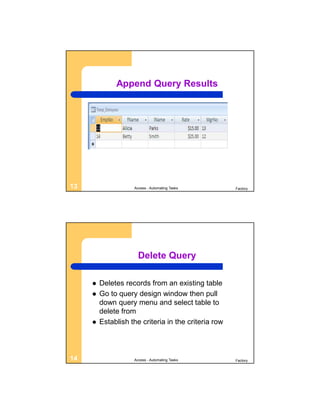 Append Query Results




13                  Access - Automating Tasks         Factory




                      Delete Query

        Deletes records from an existing table
        Go to query design window then pull
         down query menu and select table to
         delete from
        Establish the criteria in the criteria row



14                  Access - Automating Tasks         Factory
 