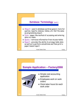 Database Terminology             (cont.)




        Object – used in database world as generic term for
         queries, reports, indexes, tables, etc. Not the same
         as programming object.
        Form - paper-like method of accessing and entering
         data in a table
        Query – retrieves information from Access tables
        Report - provides the ability to arrange table data
         as well as to perform calculations and then print a
         paper-based report
9                       Access Tables & Data              Factory




     Sample Application – Factory2000

                               Simple cost accounting
                                application
                               Employees work on work
                                orders
                               Clock labor hours for each
                                work order



10                      Access Tables & Data              Factory
 