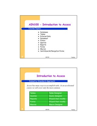 AIN100 - Introduction to Access
      Course Topics:
                      Databases
                      Tables
                      External Data
                      Datasheet
                      Filters
                      Queries
                      Reports
                      Forms
                      Macros
                      Switchboards/Navigation Forms


5                            AIN100                         Factory




                  Introduction to Access
      Industry Standard Approach:

    Access has many ways to accomplish tasks. As an accelerated
    course we will cover only the most common.

        Tables                    Table Designer
        Queries                   Query designer
        Reports                   Wizard then modify
        Forms                     Wizard then modify
        Macros                    Macro Designer

6                            AIN100                         Factory
 