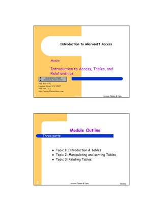 Introduction to Microsoft Access




                Module


                Introduction to Access, Tables, and
                Relationships

    P.O. Box 6142
    Laguna Niguel, CA 92607
    949-489-1472
    http://www.d2associates.com

1                                     Factory            Access Tables & Data




                                  Module Outline
        Three parts:



                     Topic 1: Introduction & Tables
                     Topic 2: Manipulating and sorting Tables
                     Topic 3: Relating Tables




2                                 Access Tables & Data                     Factory
 