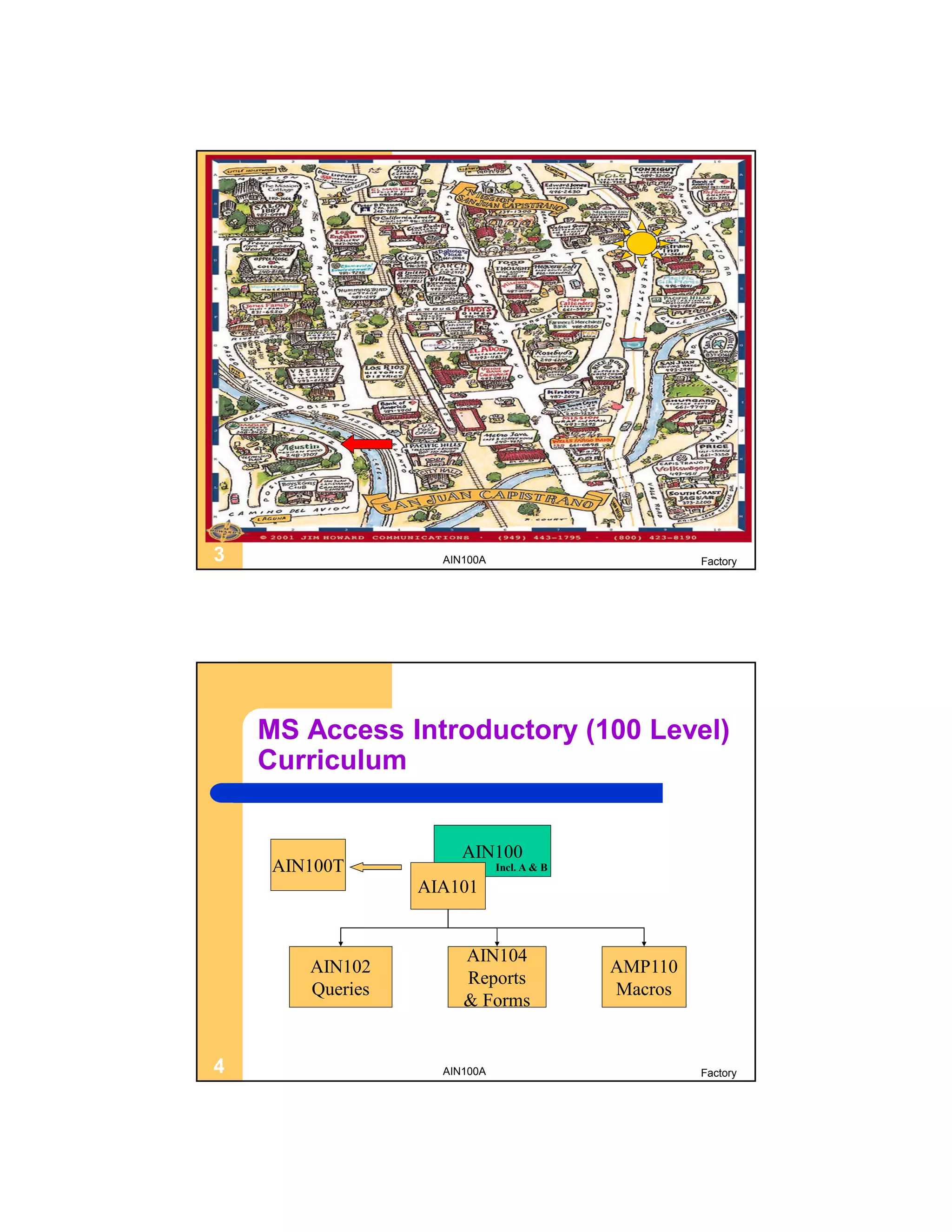 3                   AIN100A                          Factory




    MS Access Introductory (100 Level)
    Curriculum


                       AIN100
     AIN100T                  Incl. A & B

                  AIA101


                       AIN104
        AIN102                              AMP110
                       Reports
        Queries                             Macros
                       & Forms


4                   AIN100A                          Factory
 