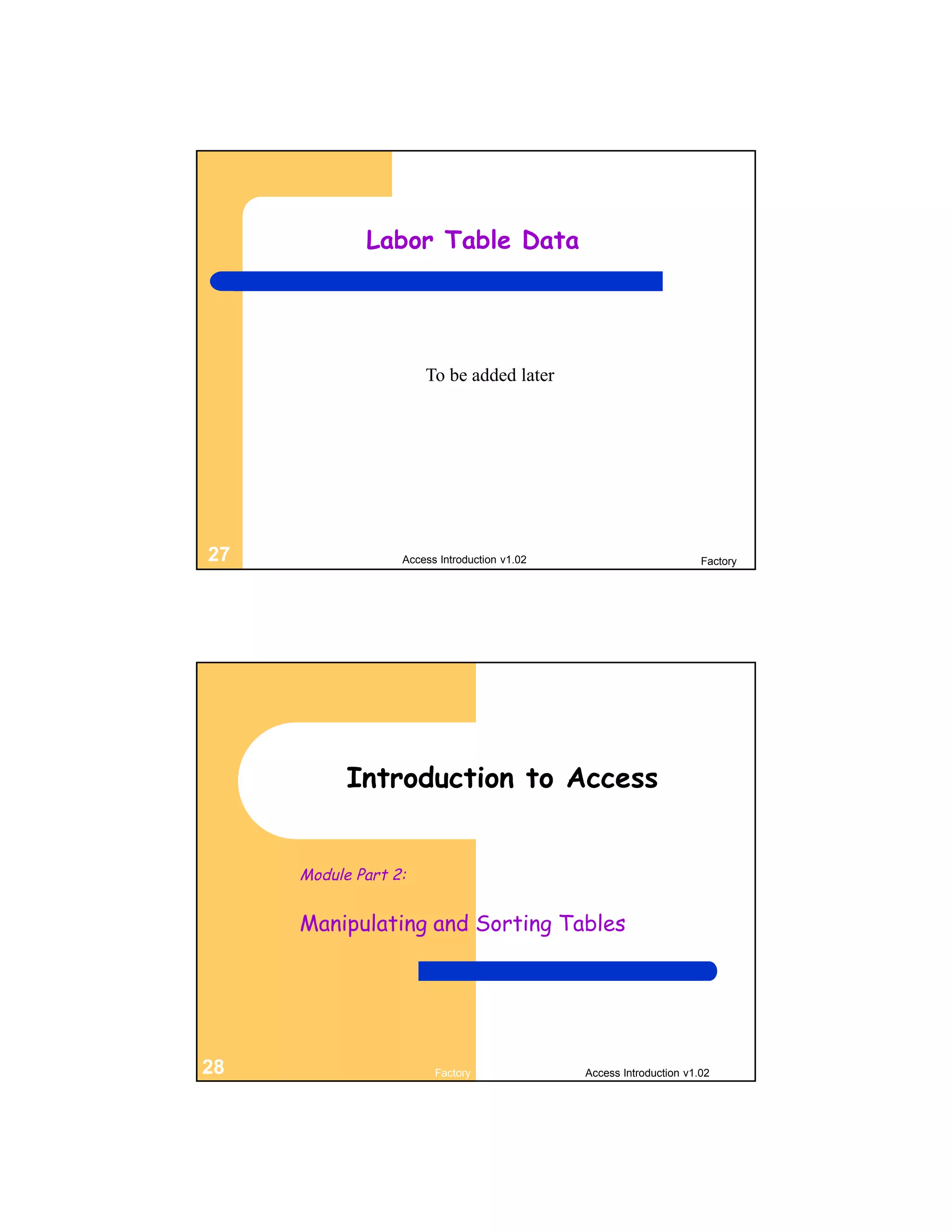 Labor Table Data




                      To be added later




27                Access Introduction v1.02                          Factory




           Introduction to Access


     Module Part 2:


     Manipulating and Sorting Tables




28                      Factory               Access Introduction v1.02
 