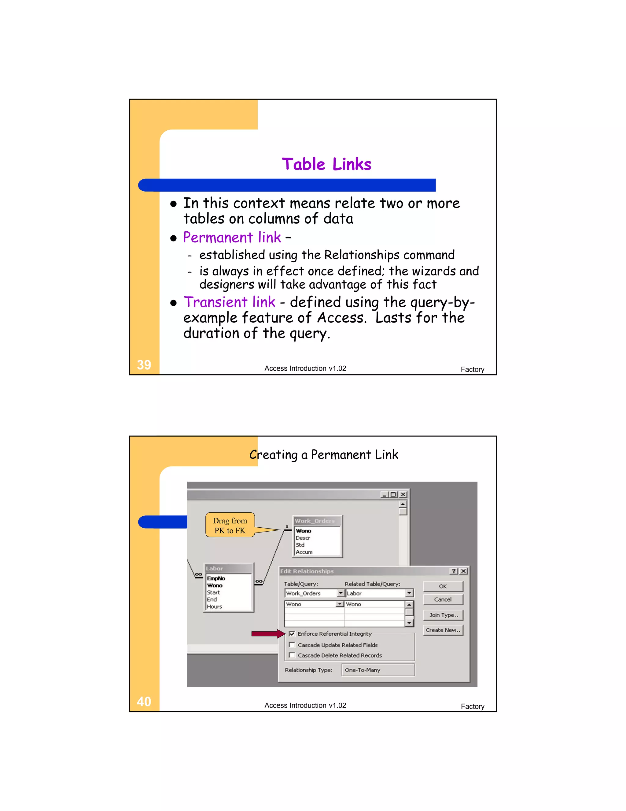Table Links

        In this context means relate two or more
         tables on columns of data
        Permanent link –
         –   established using the Relationships command
         –   is always in effect once defined; the wizards and
             designers will take advantage of this fact
        Transient link - defined using the query-by-
         example feature of Access. Lasts for the
         duration of the query.

39                           Access Introduction v1.02    Factory




                           Creating a Permanent Link




               Drag from
               PK to FK




40                           Access Introduction v1.02    Factory
 
