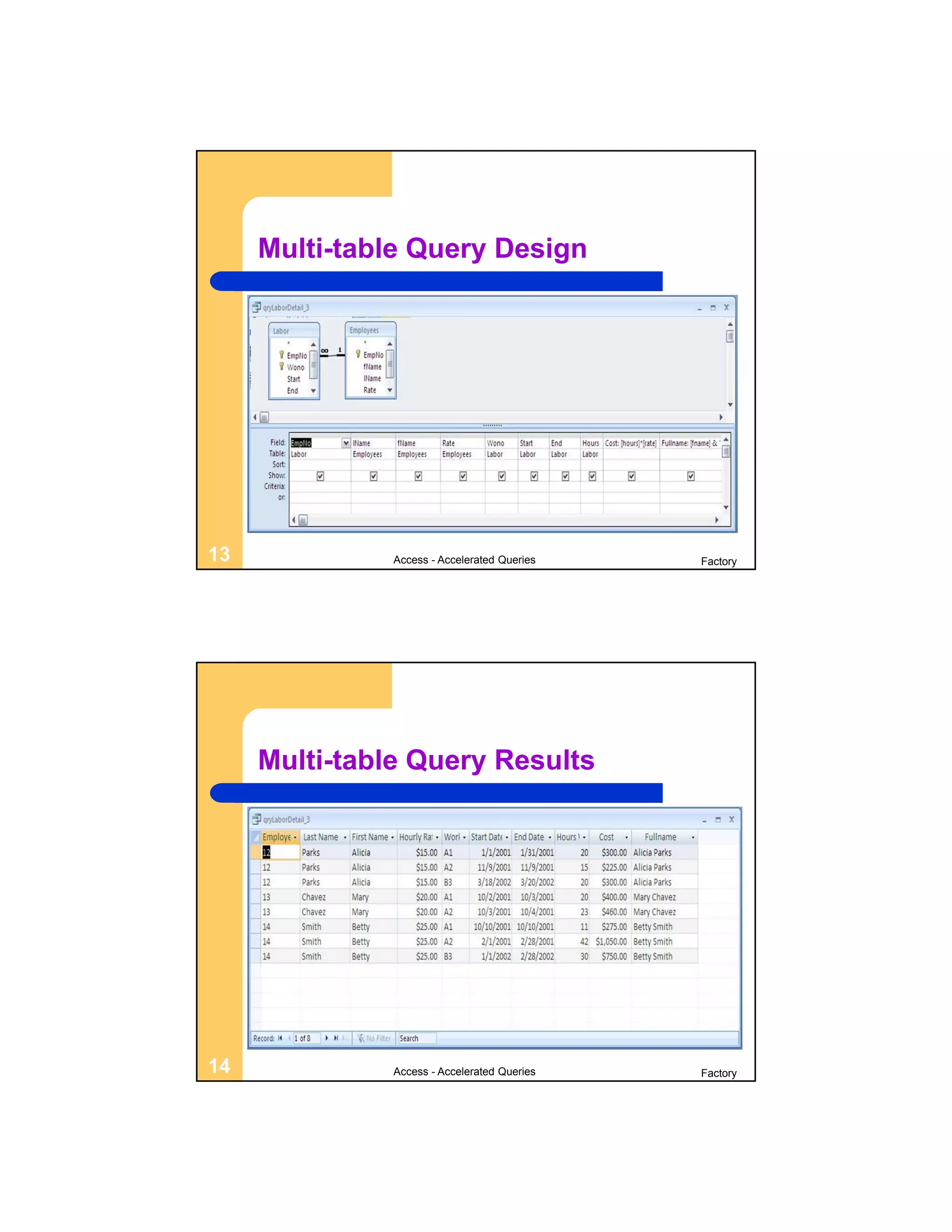 Multi-table Query Design




13             Access - Accelerated Queries   Factory




     Multi-table Query Results




14             Access - Accelerated Queries   Factory
 