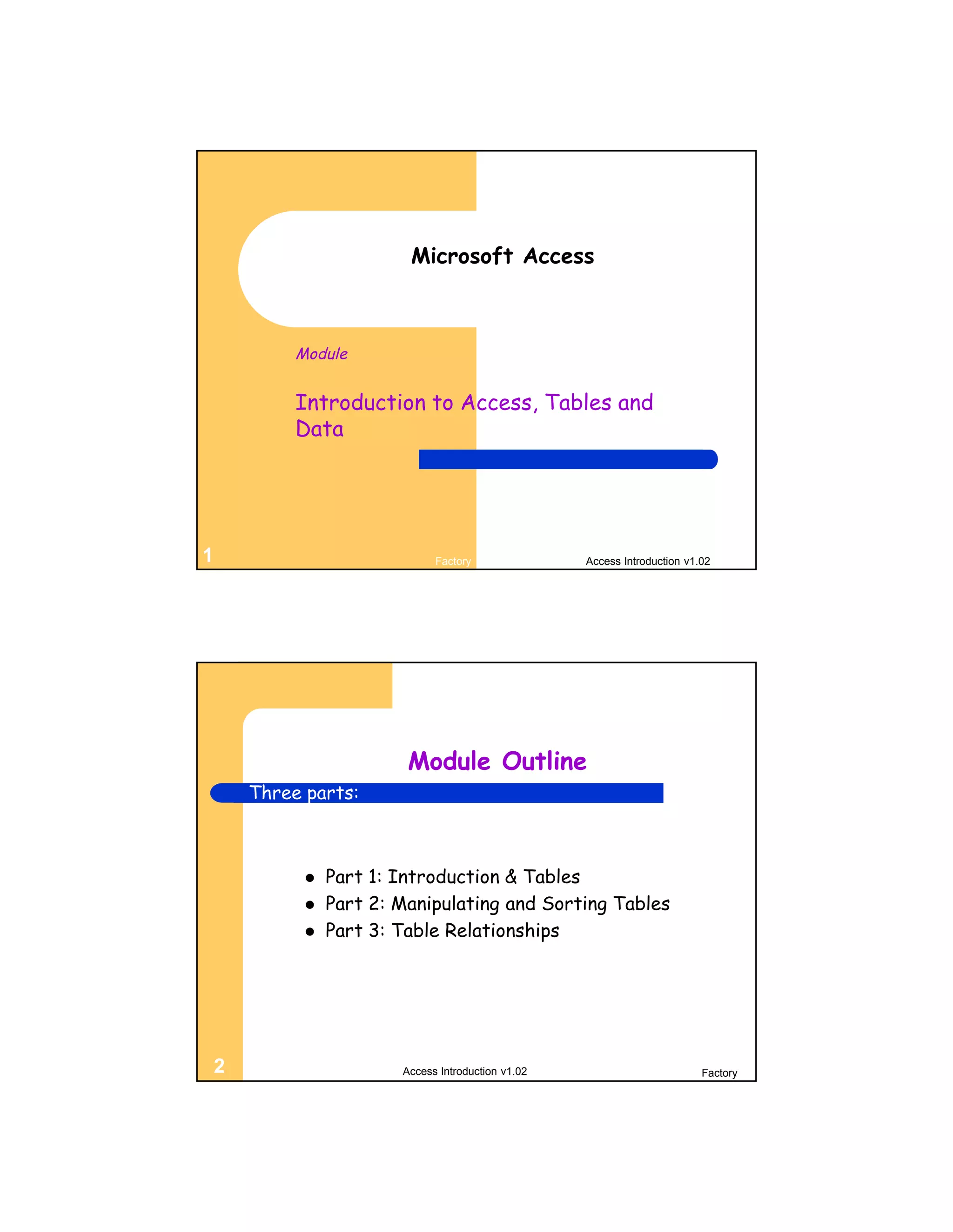 Microsoft Access



             Module


             Introduction to Access, Tables and
             Data




1                               Factory               Access Introduction v1.02




                           Module Outline
        Three parts:



                 Part 1: Introduction & Tables
                 Part 2: Manipulating and Sorting Tables
                 Part 3: Table Relationships




    2                     Access Introduction v1.02                          Factory
 