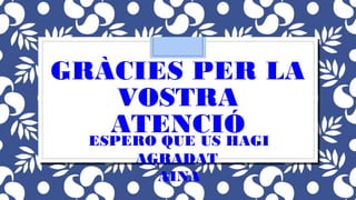 GRÀCIES PER LA
VOSTRA
ATENCIÓESPERO QUE US HAGI
AGRADAT
AINA
 