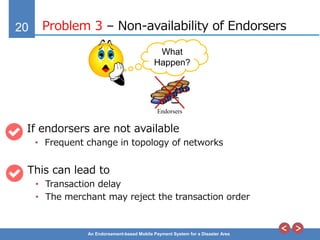 20
An Endorsement-based Mobile Payment System for a Disaster Area
Problem 3 – Non-availability of Endorsers
If endorsers are not available
• Frequent change in topology of networks
Endorsers
What
Happen?
This can lead to
• Transaction delay
• The merchant may reject the transaction order
 