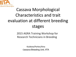 Cassava Morphological
Characteristics and trait
evaluation at different breeding
stages
2015 AGRA Training Workshop for
Research Technicians in Breeding
Kulakow/Parkes/Aina
Cassava Breeding Unit, IITA
 