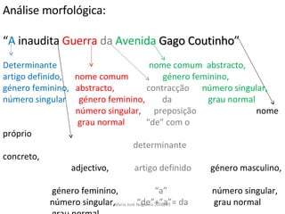 Análise morfológica: “ A  inaudita  Guerra  da   Avenida   Gago Coutinho ” Determinante  nome comum  abstracto, artigo definido,  nome comum  género feminino, género feminino,  abstracto,  contracção  número singular, número singular  género feminino,  da  grau normal número singular,  preposição  nome grau normal  “de” com o  próprio  determinante  concreto, adjectivo,  artigo definido  género masculino,  género feminino,  “a”  número singular, número singular,  “de”+”a”= da  grau normal grau normal Maria José Nogueira 2008/09 