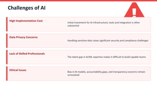 Challenges of AI
High Implementation Cost
Initial investment for AI infrastructure, tools and integration is often
substantial
Data Privacy Concerns
Handling sensitive data raises significant security and compliance challenges
Lack of Skilled Professionals
The talent gap in AI/ML expertise makes it difficult to build capable teams
Ethical Issues
Bias in AI models, accountability gaps, and transparency concerns remain
unresolved
 